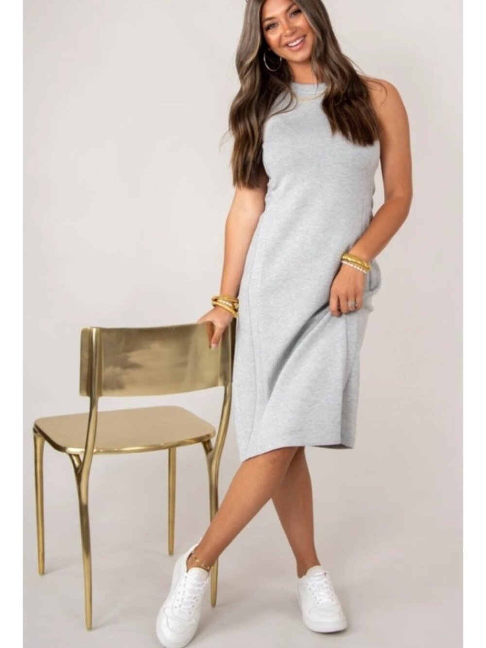 NEW Spanx Air Essentials Side Stripe Midi Dress Sleeveless Grey Heather Large